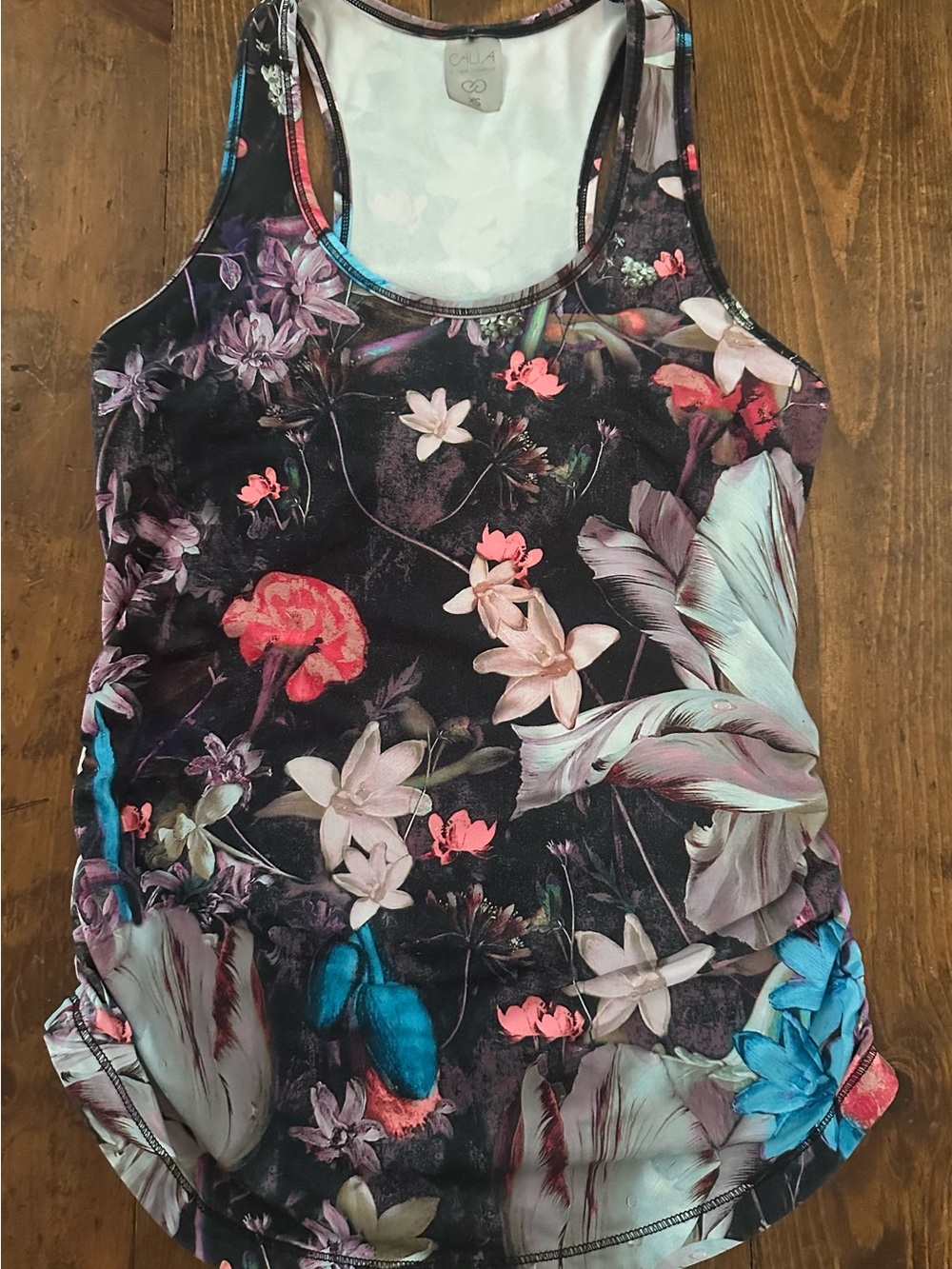 CALIA by Carrie Underwood Black Floral Racerback Tank with Pink and Blue Accents